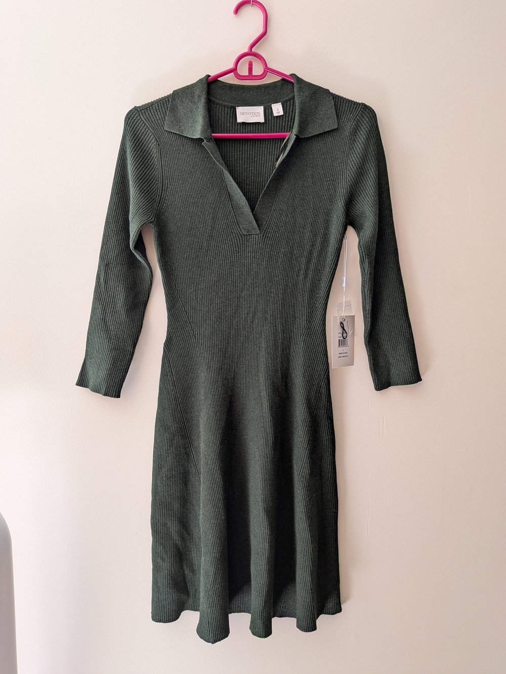 Cyrus Komby Green Ribbed Collared Knit A-Line Dress